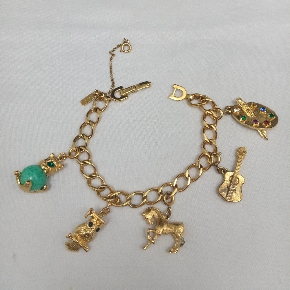 Vintage Monet Gold Charm Bracelet & Charms RARE